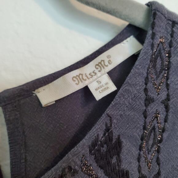 Miss Me Embroidered Peasant Blouse S Grayish Blue Linen Blend Top Boho Cottage - Picture 4 of 6